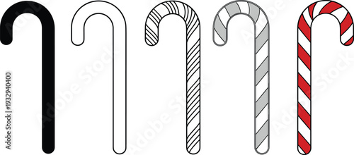 Candy cane vector illustration set, solid silhouette, outline and striped Christmas sweet designs, festive holiday clipart isolated on background