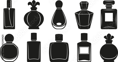 Elegant Perfume Bottle Silhouettes Collection Luxury Fragrance Cosmetic Packaging Black Vector Icon Set