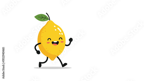 Cheerful cartoon lemon character with a green leaf and a happy expression running energetically across a clean white background.