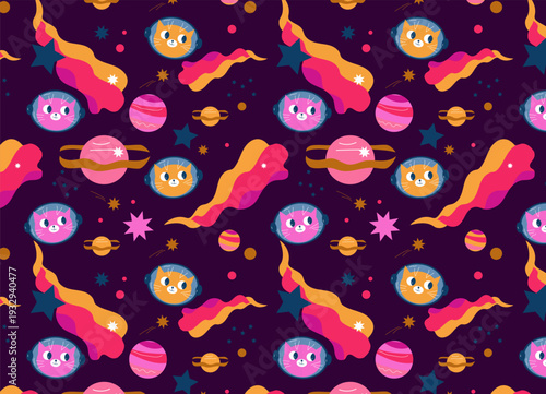 Seamless pattern with space cats, planets, and stars. Vector flat. Adorable space adventure design for textile, wallpaper, or kids products. Fun childhood background.