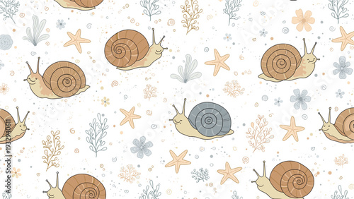 Whimsical seamless pattern of cute cartoon snails wandering among seashells, starfish, and underwater plants on a white backdrop.