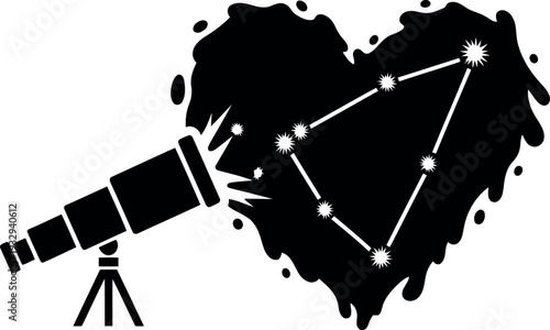 Romantic Astronomy Concept with Telescope and Heart-Shaped Constellation Silhouette Vector Illustration