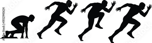 Silhouette set of a male sprinter athlete exploding from starting blocks and accelerating into a full run transition isolated on a white background