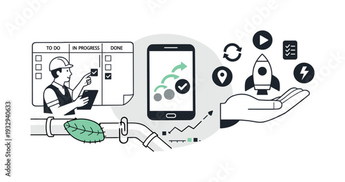 Modern minimal flat vector conceptual collage, crisp hard edges, consistent THIN outline stroke, rounded corners where needed,