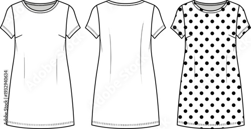 Women Shift Dress Technical Flat Sketch Vector, Front and Back View Polka Dot Mini Dress Design