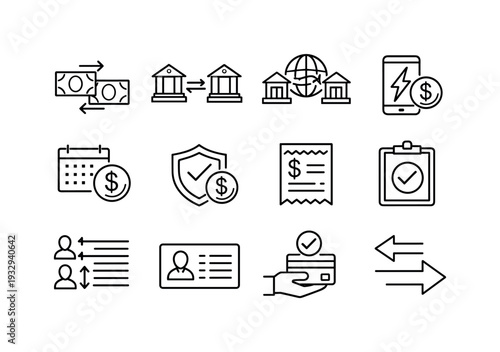 Financial Icons Grid. Line style vector icons of financial banking payment services: money transfer, internal transfer, external