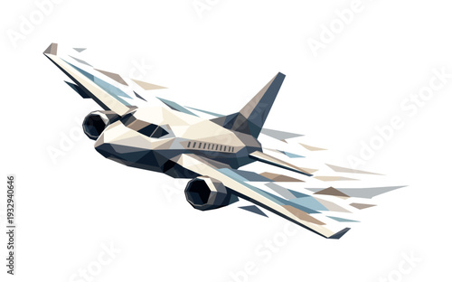 Sleek Aerial Maneuver. Low-poly vector illustration of an airplane performing a sharp banking turn, single modern aircraft with