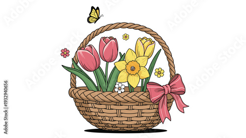 Charming wicker basket filled with vibrant pink tulips and a yellow daffodil, finished with a large decorative pink ribbon bow.