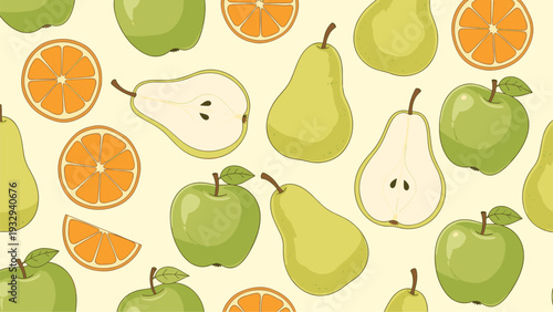 Fruity seamless pattern displaying whole green apples, ripe pears, and fresh orange slices on a light cream-colored background.