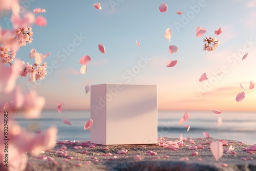 Blank white square packaging box mockup by the sea with floating flower petals