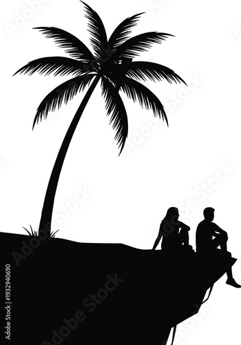 Silhouette of a romantic young couple sitting on a cliff edge under a tropical palm tree at sunset, summer vacation travel and peaceful nature concept.