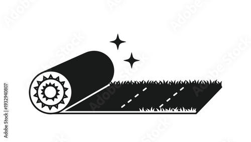 Simple black and white icon representing a roll of artificial turf or grass sod being unrolled for landscaping and garden projects.
