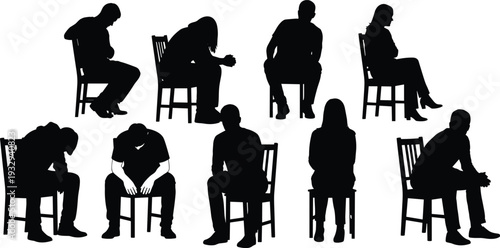 People Sitting on Chairs and Little Girl Floor Poses Silhouette Collection for Support Groups Therapy Mental Health and Children Education Vector