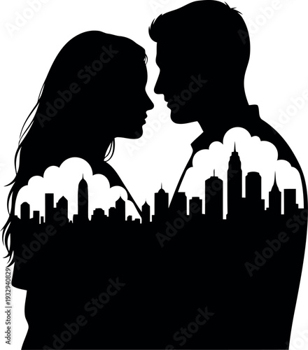 Romantic Couple Silhouette with Urban Cityscape Skyline Double Exposure Vector Illustration