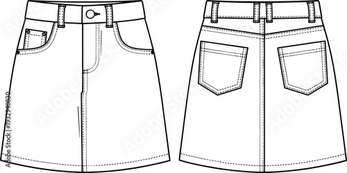 Women's Denim Mini Skirt Fashion Flat Sketch and Technical Template Illustration