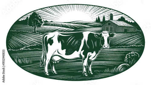 A woodcut-style illustration in green and black showing a Holstein dairy cow standing in a plowed field (3)_traced