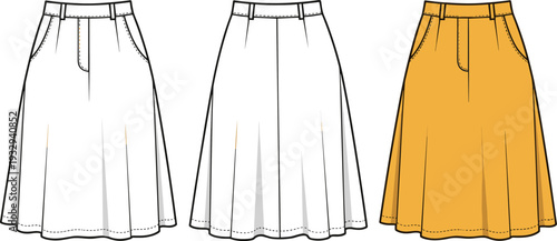 Women's High Waisted A-Line Midi Skirt Fashion Flat Sketch Technical Template Illustration
