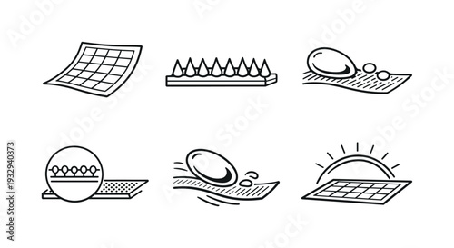 Line vector icons of solar-panel film with lotus-leaf nanostructure (nano-patterned panel layer): film rectangle, nano