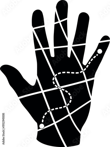 Black Silhouette Palmistry Hand with Fortune Lines and Dotted Path Vector Illustration