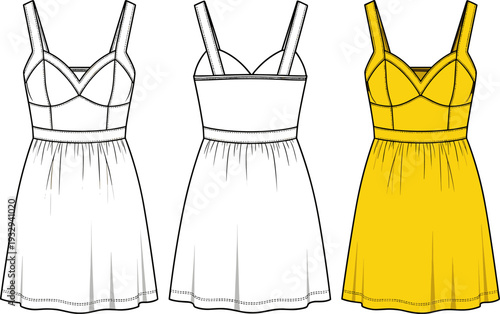Women's Summer Strap Sun Dress Fashion Flat Sketch and Technical Template Illustration