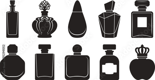 Luxury Perfume Bottle Silhouette Collection Elegant Fragrance Packaging Cosmetic Container Black Vector Icon Set