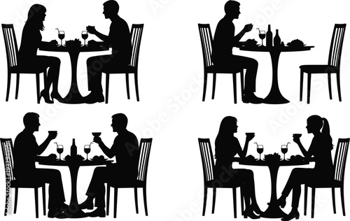Couple Dining Vector Illustration Featuring Silhouettes of Men and Women at Restaurant Tables for Romantic Date Night and Social Gathering Designs