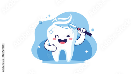 Joyful cartoon tooth character happily brushing its crown with a toothbrush and toothpaste foam on a soft blue background.