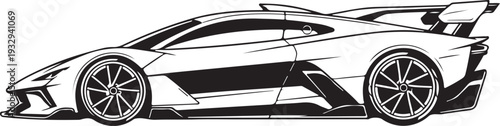 A black and white drawing of a sports car