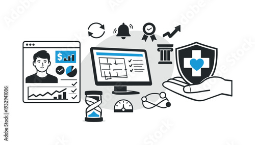 Modern minimal flat vector conceptual collage, crisp hard edges, consistent THIN outline stroke, rounded corners where needed,