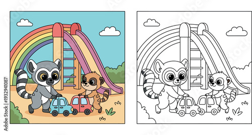 Cute cartoon lemur and meerkat friends playing with toy cars at playground with slide and rainbow vector illustration, happy animals having fun for children nursery design