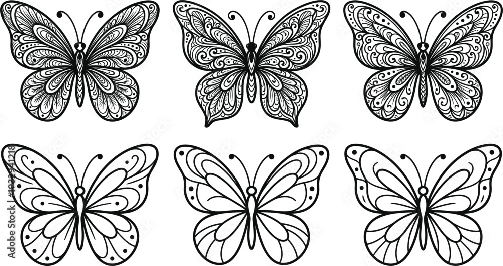 Fototapeta premium Ornamental Butterfly Line Art Set Detailed Decorative Wings and Simple Outline Insect Vector Illustration Collection