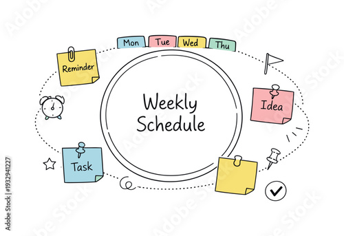 Circular planning wheel, orbiting sticky notes, tiny clock and flag icons, curved dotted paths for Weekly schedule overview with