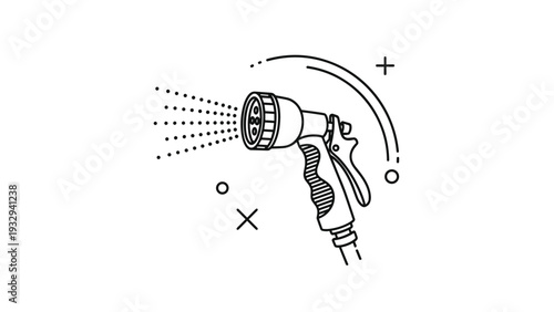 Detailed line art icon of a garden hose spray nozzle with water droplets and decorative stars for outdoor maintenance concepts.
