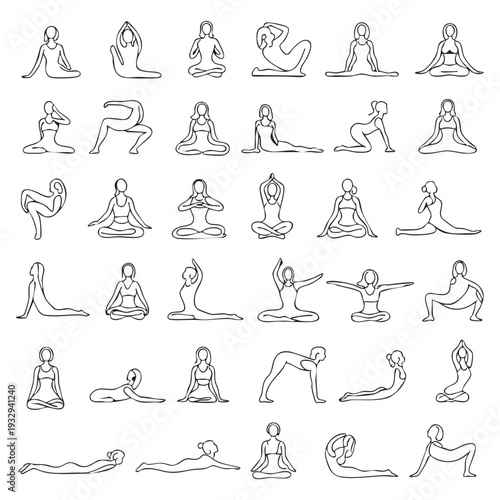 Line of people performing various yoga poses in a grid layout line black and white