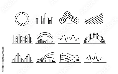 Line Style Icons. Line style vector icons of data visualization histogram charts: flow ring, variation bar, resonance contour,