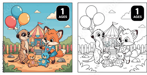 Cute cartoon meerkat holding balloons and fox friend playing with teddy bears at amusement park vector illustration, happy animals at carnival for kids nursery design