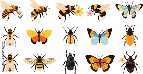 Flat Vector Insect Icon Set Featuring Honey Bees, Colorful Butterflies, and Garden Beetles for Spring Nature Education, Botanical Branding, and Summer Wildlife Designs