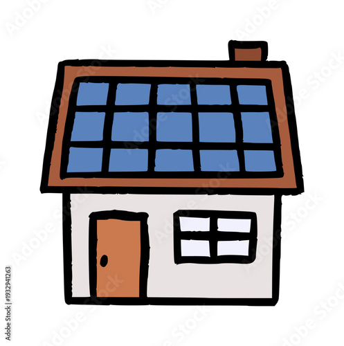 Solar panel house doodle, hand drawn eco home icon, colorful minimalist green energy building for sustainability and power concept