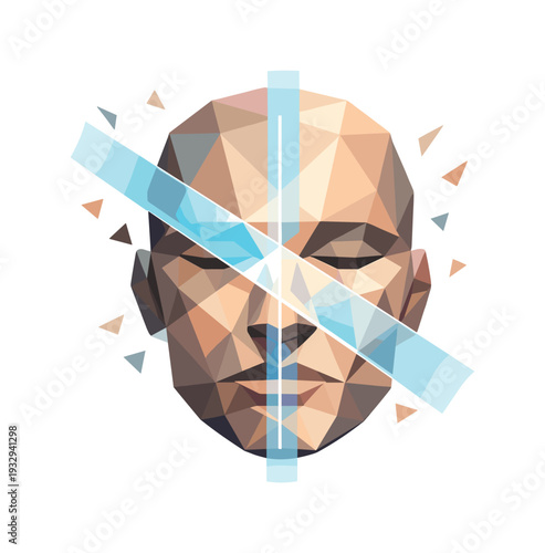 Low-poly vector illustration of a Face ID beam as a direct hero depiction, stylized human face mask constructed from sharp