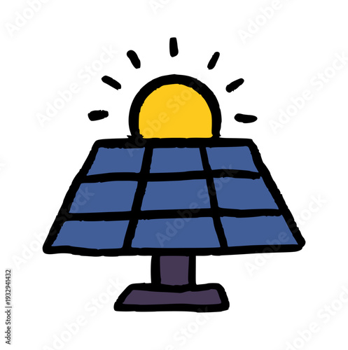 solar panel with sun doodle, hand drawn cartoon solar energy system, renewable electricity icon for green energy and sustainability concept