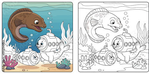 Cute cartoon moray eel looking at seals in submarines vector illustration, underwater ocean scene with white outline animals for children coloring book or educational design