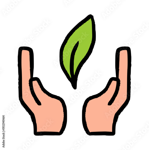 hands holding leaf, wax textured green nature protection doodle, rough pencil care for ecology concept