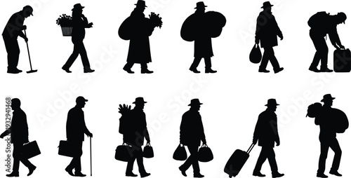 Silhouettes of diverse people traveling and working carrying luggage bags suitcases baskets and tools for migration labor and passenger concepts