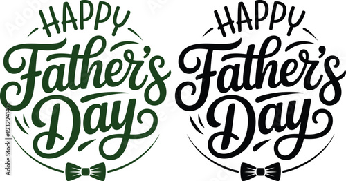 Happy Father's Day Badge Collection with Circular Script Typography and Bow Tie Icons in Green and Black for Holiday Greeting Cards