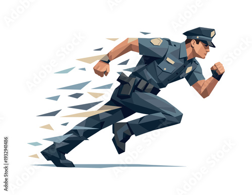 Low-poly vector illustration of a police officer sustaining the pursuit run toward resolution, streamlined angular posture with
