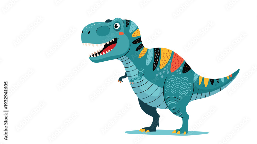 Fototapeta premium Friendly and colorful cartoon tyrannosaurus rex dinosaur illustration with vibrant patterns on its skin and a big toothy smile.