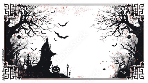 Halloween Spooky Night Scene with Gothic Trees Bats and a Jack O Lantern Framed