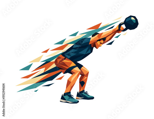 Low-poly vector illustration of an athlete driving into the kettlebell swing, explosive hip extension with elongated angular