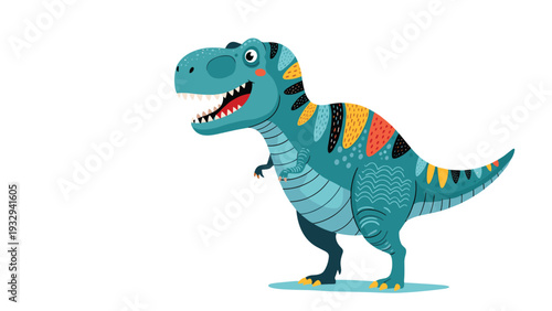 Friendly and colorful cartoon tyrannosaurus rex dinosaur illustration with vibrant patterns on its skin and a big toothy smile.