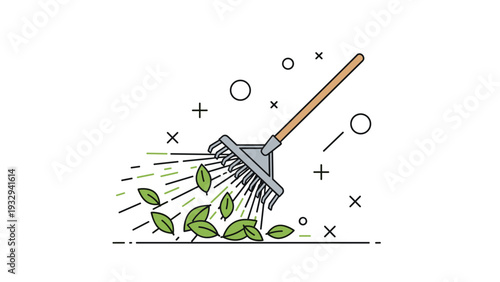 Clean line art illustration of a garden rake being used to pile up fallen green leaves on a white background with star elements.